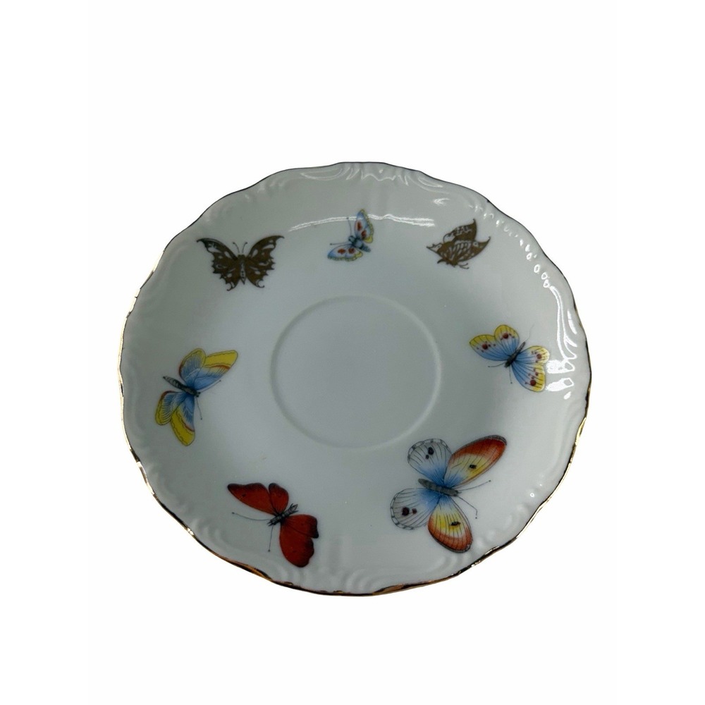 Vintage Butterfly Tea Cup & Saucer Set Gold Trim Porcelain Floral Scalloped RARE - Picture 2 of 11